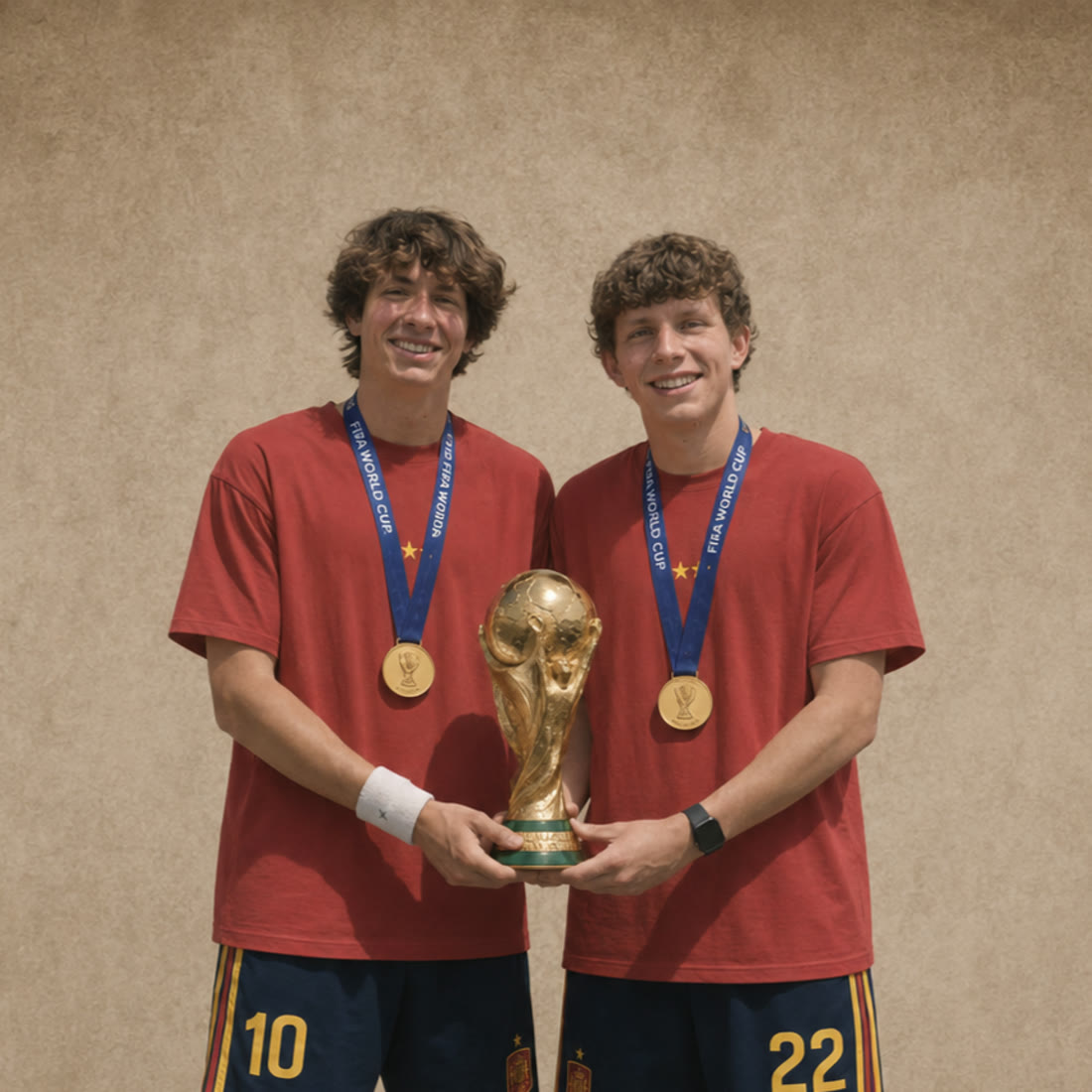 Dos aficionados con la camiseta Campeones del Mundo sosteniendo la copa