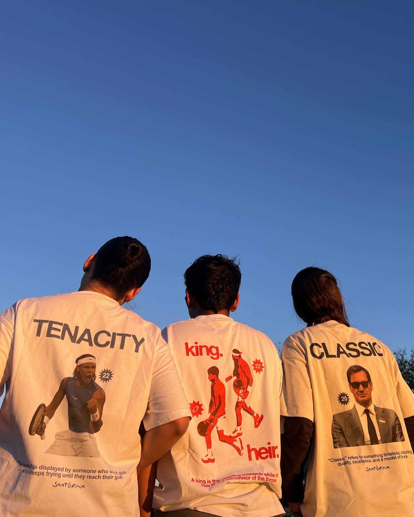 Tenacity, King Heir y Classic Tee de espaldas al atardecer