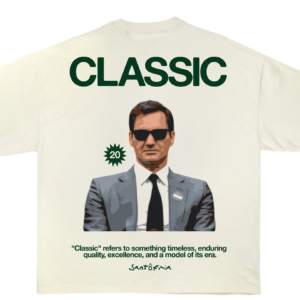 Mockup espalda Classical Tee Santofimia crema con gráfico CLASSIC y figura masculina elegante en verde oscuro
